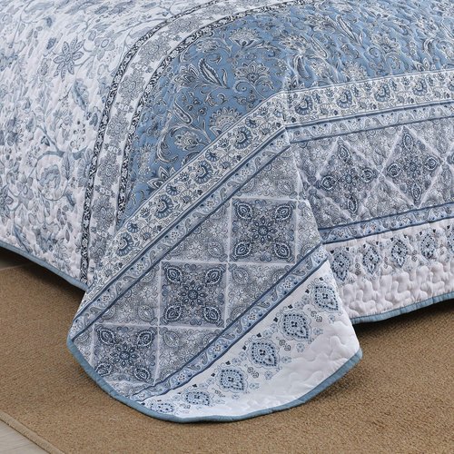 Yiran Blue Boho Quilt Set Queen Size Striped Bedspread Floral Bedding Set 3 Pieces Soft Microfiber Paisley Quilt with 2 Pillow Shams 96" x90''