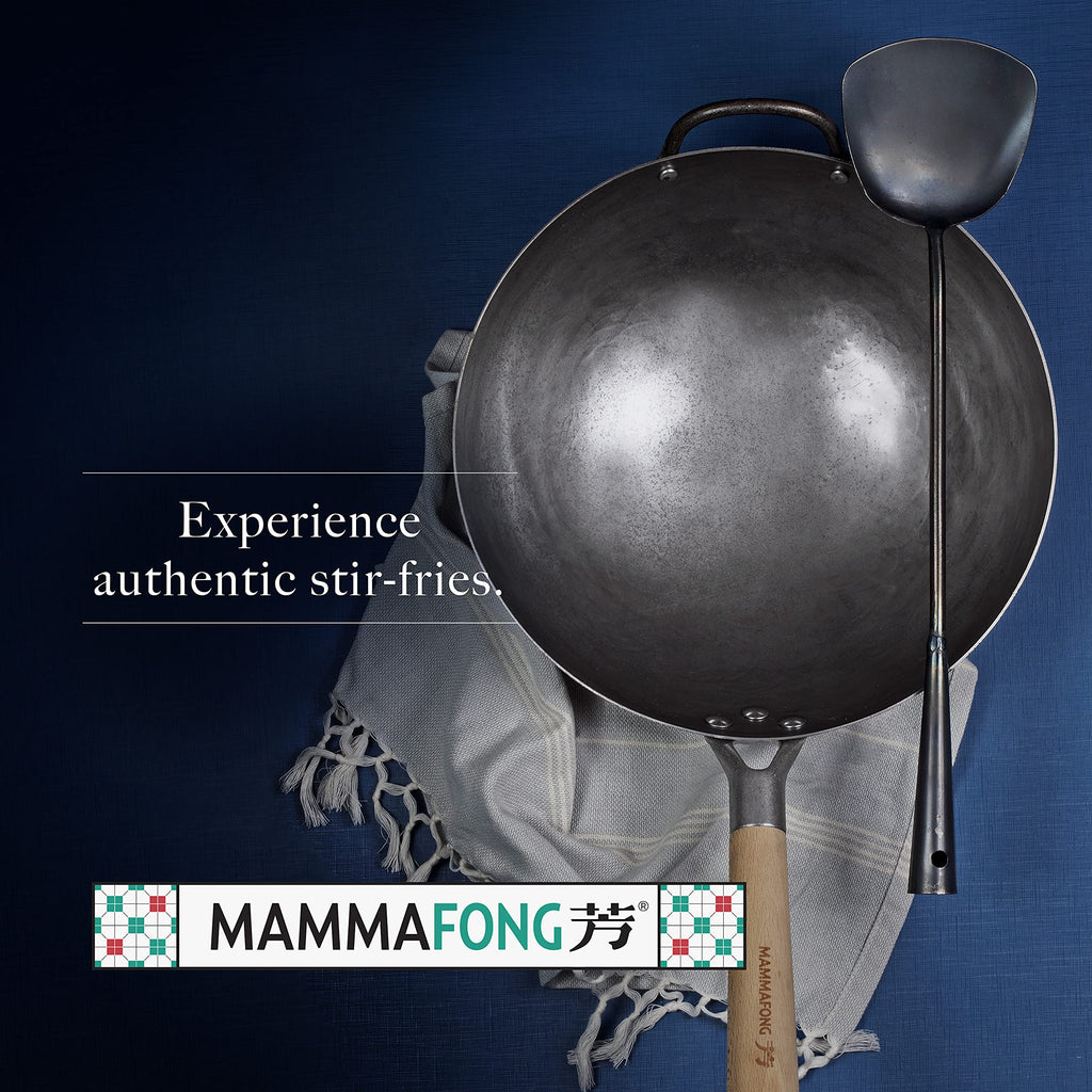 Mammafong Traditional Hand Hammered Round Bottom Carbon Steel Pow Wok Set with Wok Spatula and Bamboo Brush (14 inch wok set with wok accessories)…