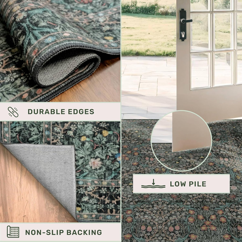 Regine Switzerland Dark Green 2x5 Non-Slip Runner Rug - Washable Floral Boho Design for Entryway