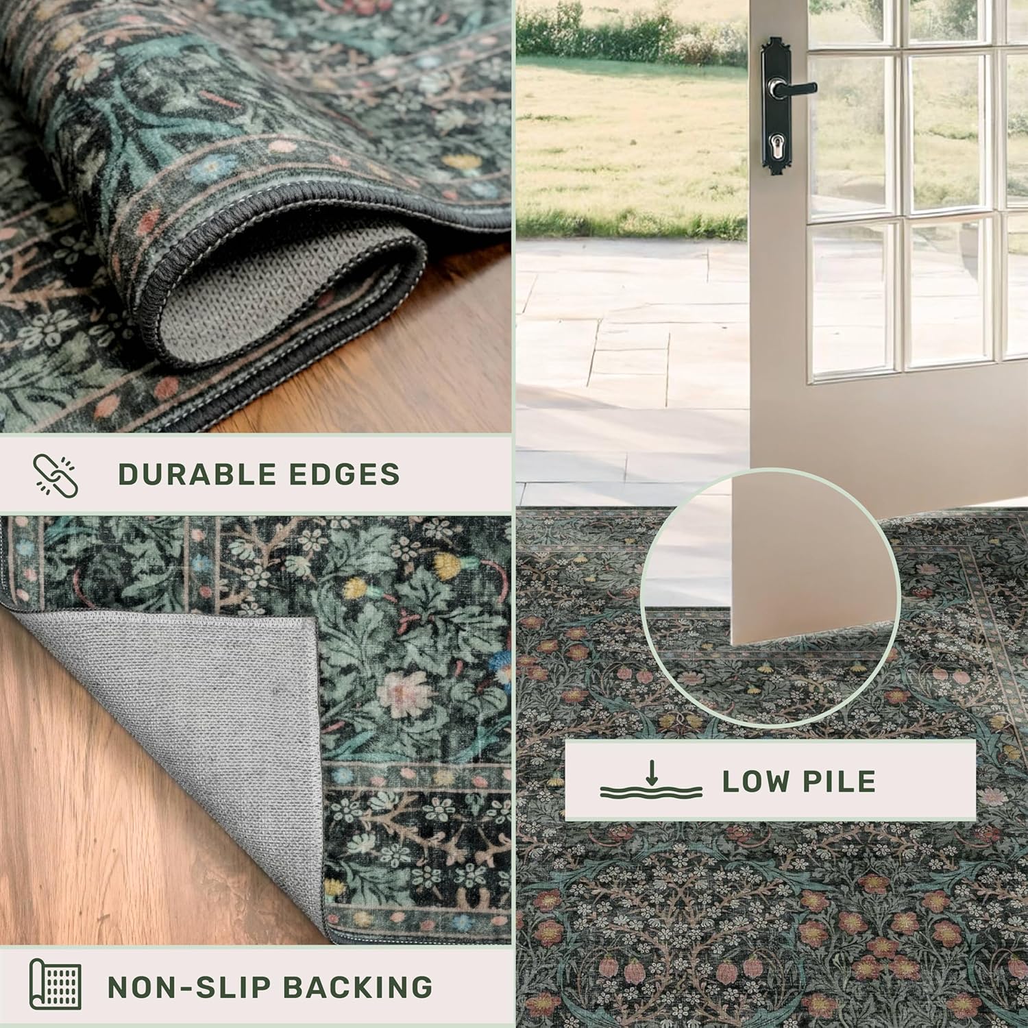 Regine Switzerland Dark Green 2x5 Non-Slip Runner Rug - Washable Floral Boho Design for Entryway