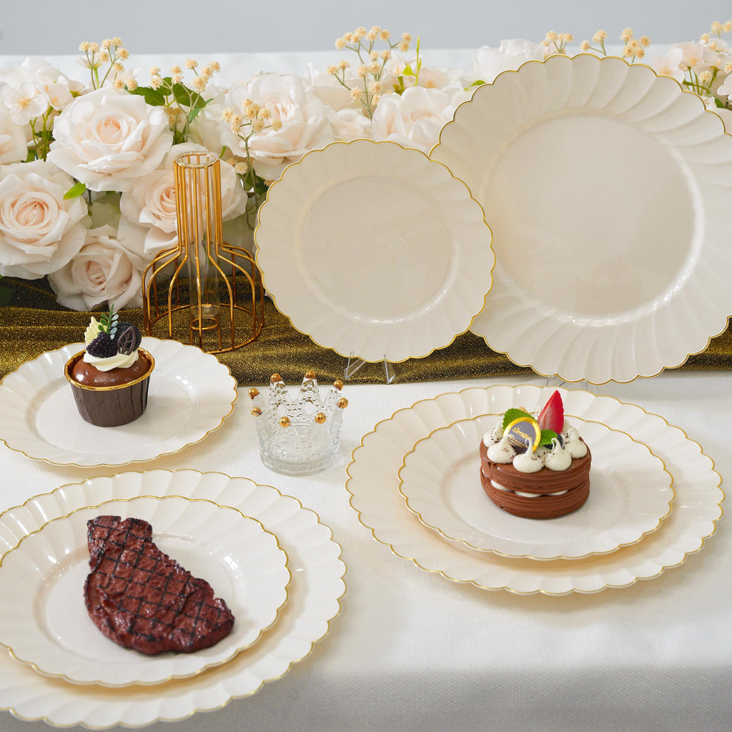 ISFANGCO175PCS Ivory Fancy Disposable Dinnerware Set-Ivory Scalloped Plastic Plates with Gold Rim -25 Dinner&25Dessert Plates, 75 Silverware Set, 25 Napkins and 25 Cups（25 Guests）