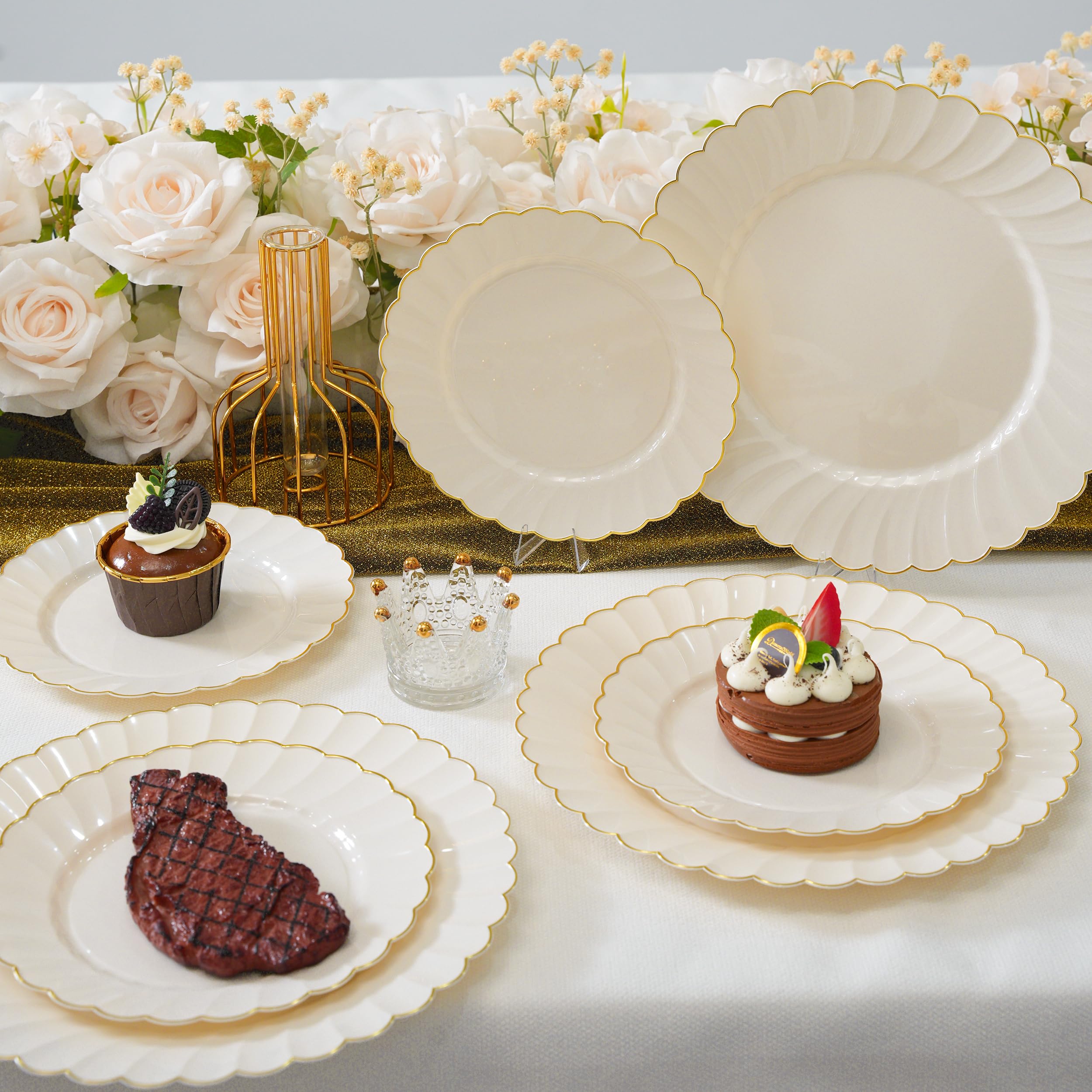 ISFANGCO175PCS Ivory Fancy Disposable Dinnerware Set-Ivory Scalloped Plastic Plates with Gold Rim -25 Dinner&25Dessert Plates, 75 Silverware Set, 25 Napkins and 25 Cups（25 Guests）