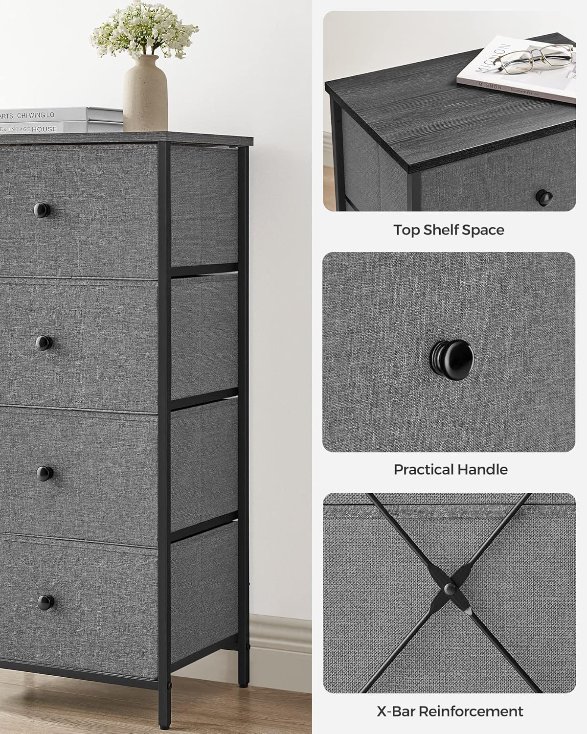 SONGMICS Fabric Dresser - 4 Drawer Small Chest with Metal Frame | Gray and Black Wood Grain Finish
