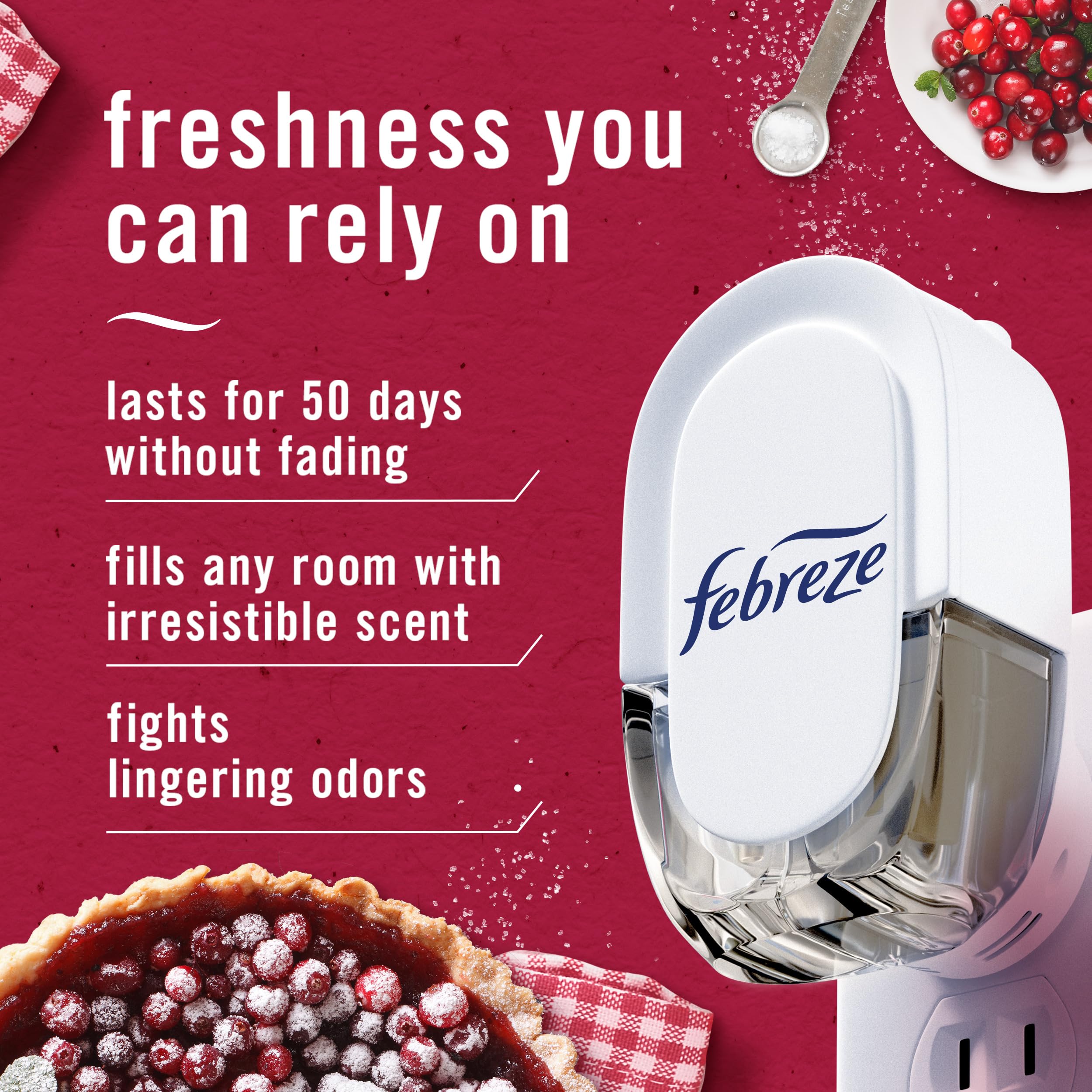 Febreze Plug In Air Freshener, Odor-Fighting Scented Oil Refill, Air Fresheners for Home and Bathroom and Kitchen, Long Lasting for Strong Odors, Cranberry Crumble Scent, 0.87oz Refills, 2 Count