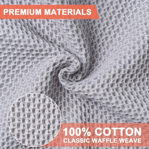 BOOMIBOO Kitchen Dish Cloths - 100% Cotton Waffle Weave, Ultra Soft & Absorbent | 6-Pack, Light Grey, 12x12 Inches