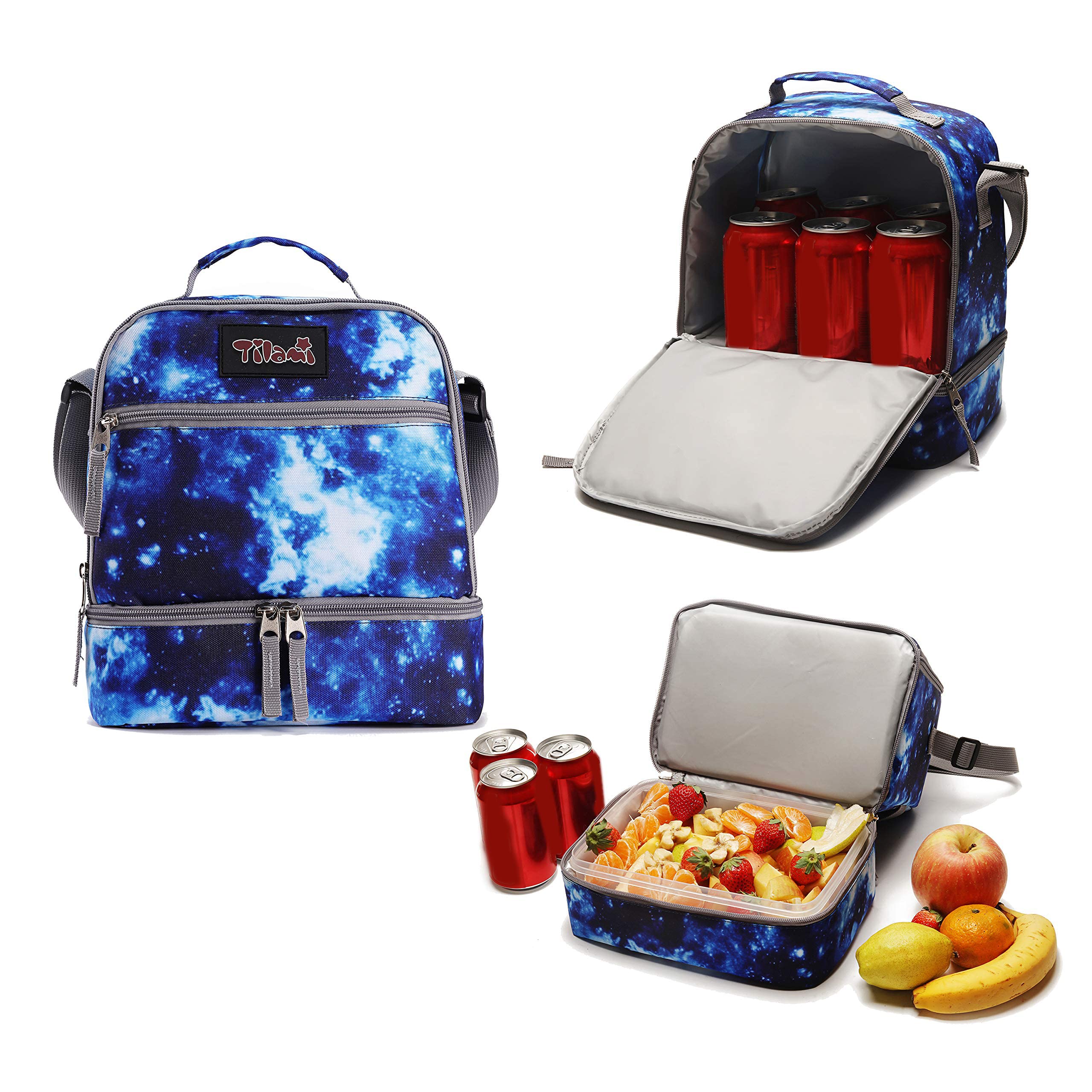 Tilami Lunch Bags Insulated Adjustable Strap Zipper, Two Compartments Cooler Bags, Bento Bags for Kids Toddlers (Blue)