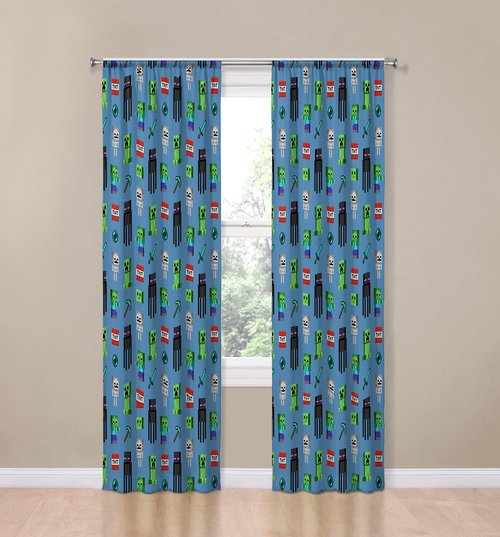 Jay Franco Kids Window Drapes - 4 Piece Curtain Set Includes 2 Tiebacks, Beautiful Bedding Room Décor and Easy Set Up, Blue - Minecraft, 84 Inch