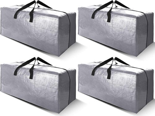 Cosy Family Heavy Duty Extra Large Moving Bags - Strong Handles, Zippers & Backpack Straps | Space-Saving Storage Totes (X-Large, Set of 4, Silver)