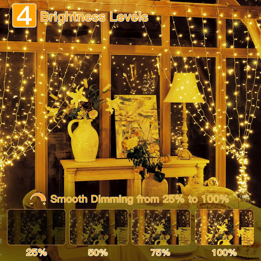 Ollny Curtain Lights - 200 LED String Lights with Remote & Timer | 6.6x6.6ft Warm White Fairy Light for Indoor Decor