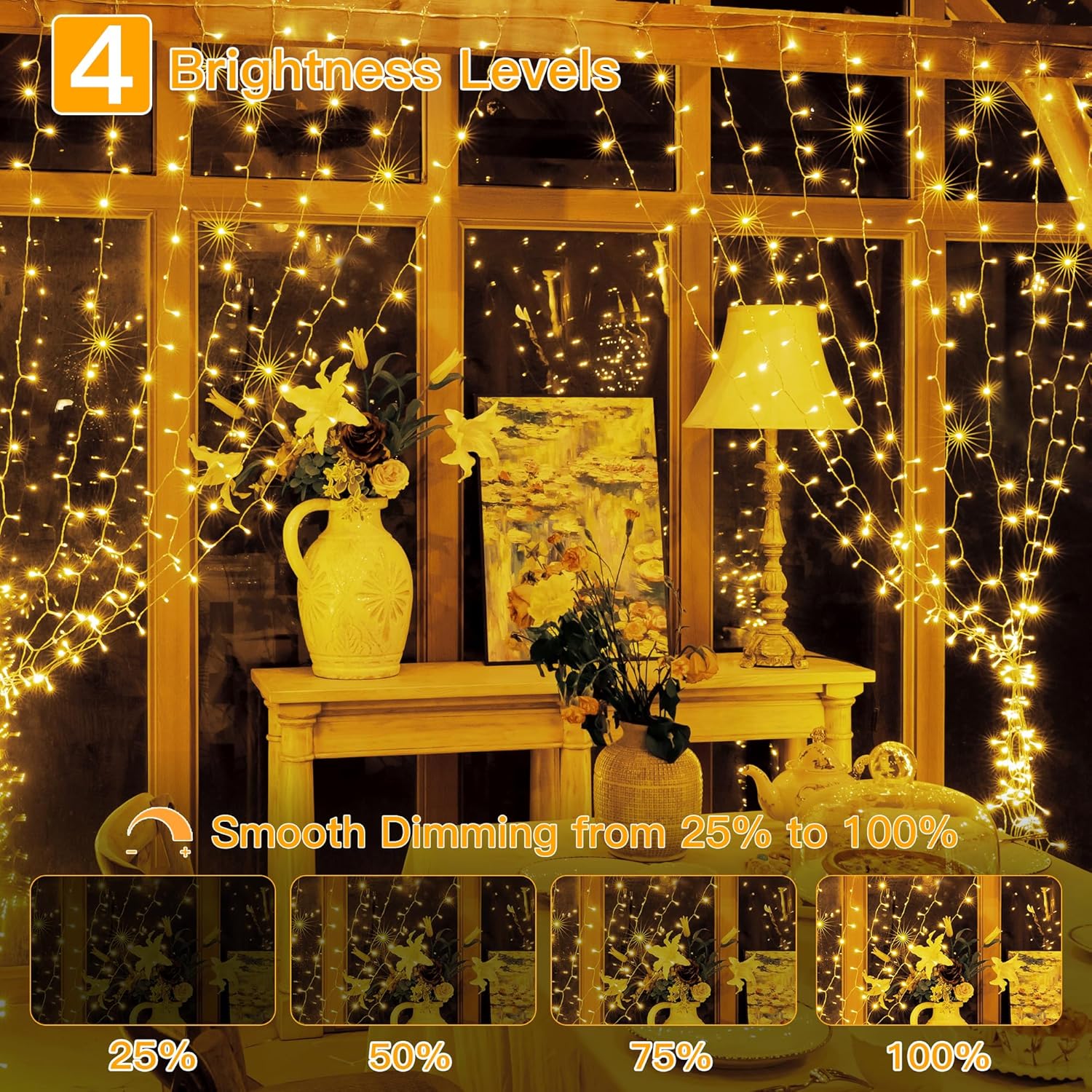 Ollny Curtain Lights - 200 LED String Lights with Remote & Timer | 6.6x6.6ft Warm White Fairy Light for Indoor Decor