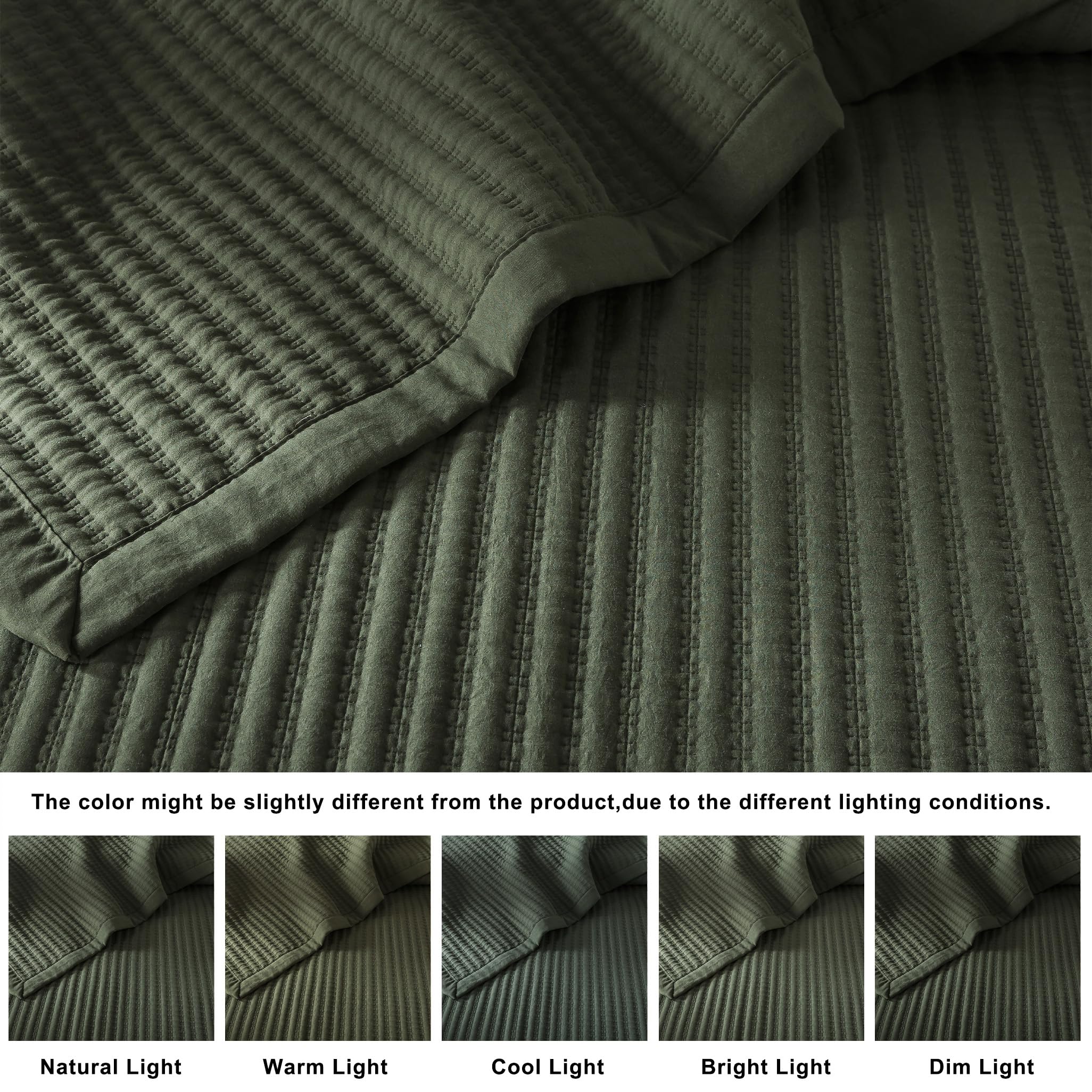 WDCOZY Olive Green Queen Size Quilt Set, Striped Pick Stitch Lightweight Bedspread, Soft Channel Farmhouse Rustic Coverlet, Spring Summer Thin Comforter, Country Bedding, 90x90 inches