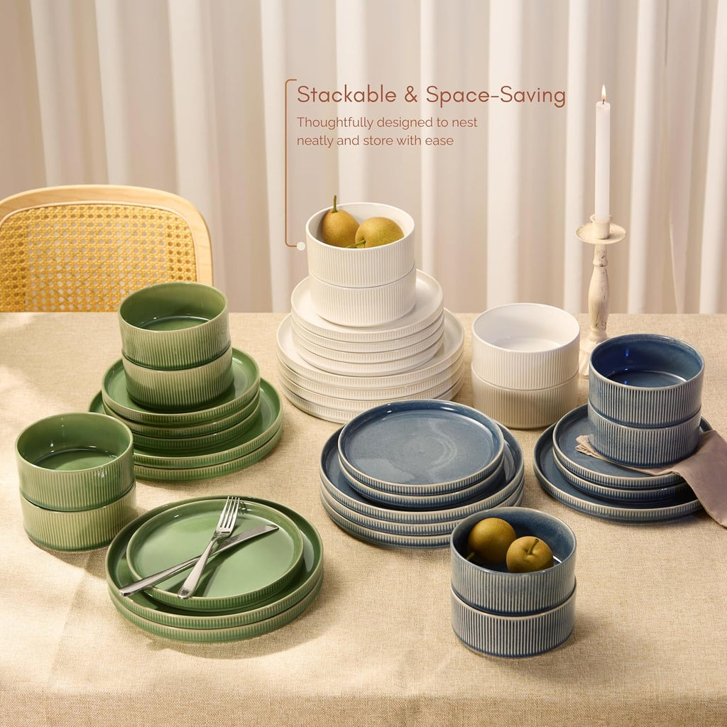 Vase and Vessel Ceramic Dinnerware Set - 12-Piece Service for 4 | Ombre Reactive Glaze, Durable Stoneware, Denim