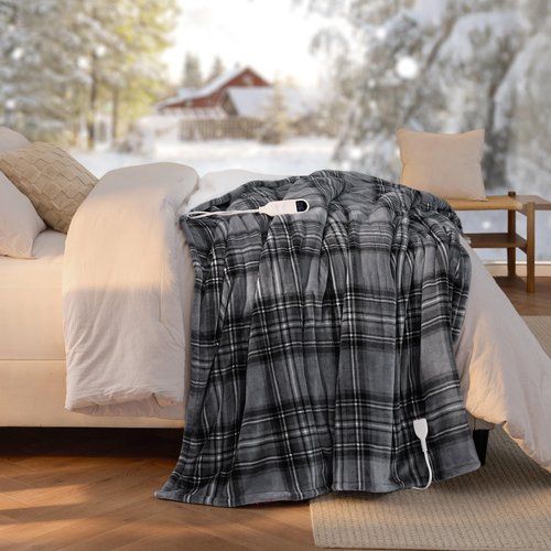 Bedsure Plaid Electric Blanket Twin - Flannel Sherpa Heated Blanket with Plaid Pattern, Heating with 6 Heating Levels, 10 Time Settings, 8-Hour Auto-Off, Warm Gifts for Grandma (Grey, 62"x84")
