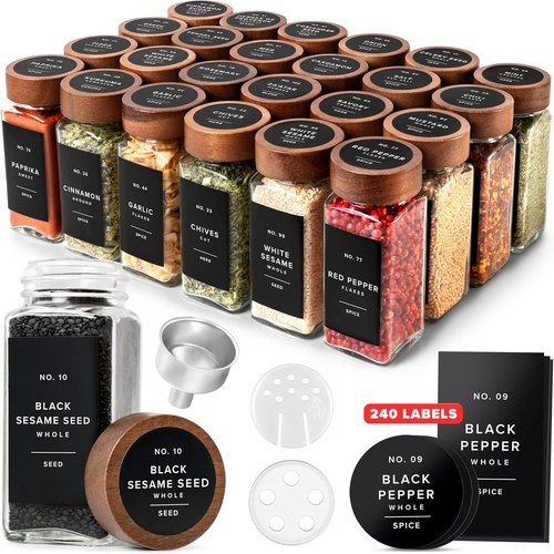 EDELHAUS® Square Spice Jars - Acacia Wooden Lids, Shaker Inserts & 240 Labels | 24-Pack Glass Containers (4.3 in × 1.8 in)