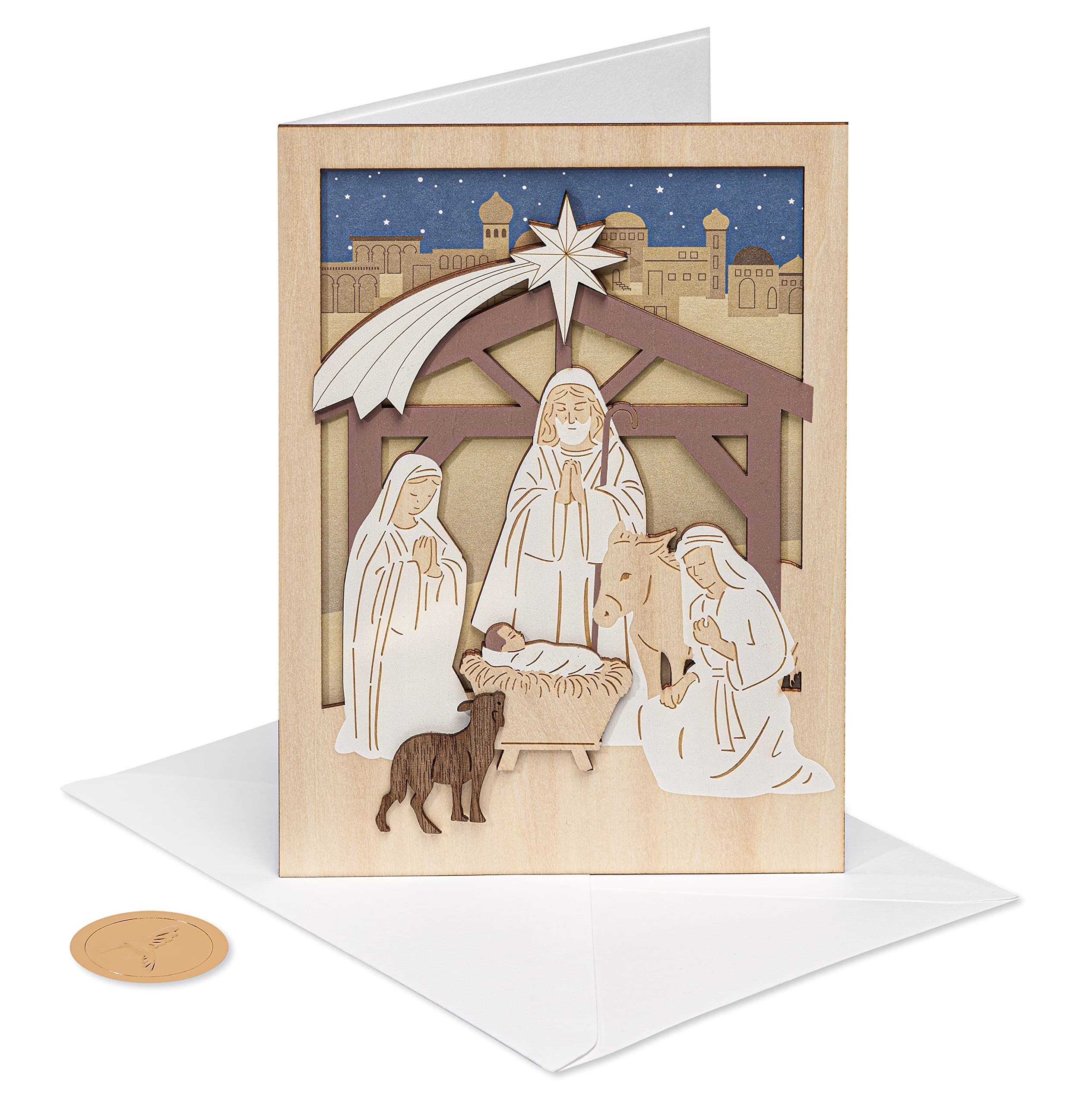 Papyrus Religious Christmas Card with Wooden Manger Nativity Scene (A Child is Born)