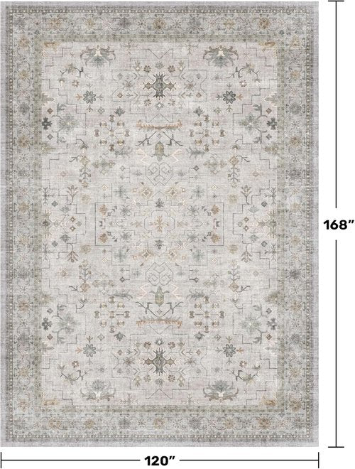 Hazo Haus Boho Living Room Rug - Light Grey Floral Design | 10x14 Washable Non-Slip Area Rug