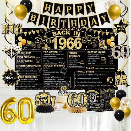 60th Birthday Decorations for Men, Black Gold Back in 1966 Party Supplies with Banner, Backdrop, Sash, Balloons, Cake Topper, Honeycomb Centerpieces, Happy 60th Birthday Decorations Kit