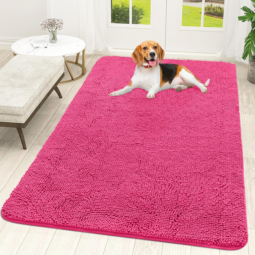 OLANLY Dog Door Mat - Absorbent Non-Slip Washable Doormat for Muddy Paws | 59x35 Hot Pink