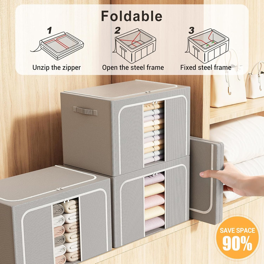 Skiennix Clothes Storage Bins - Foldable Organizers with Metal Frame | 66L, 3-Pack for Clothes & Toys