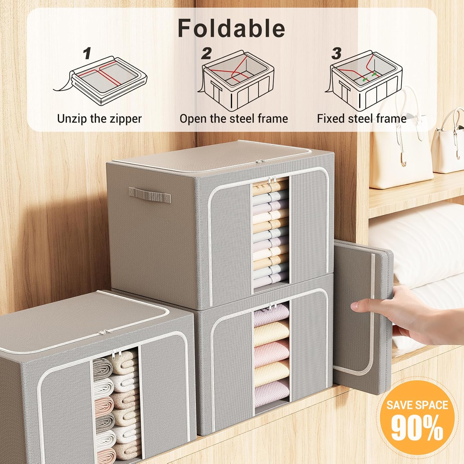 Skiennix Clothes Storage Bins - Foldable Organizers with Metal Frame | 66L, 3-Pack for Clothes & Toys