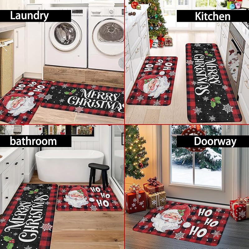 Santa Claus Christmas Kitchen Rugs Set of 2 16x24 & 16x48 Inches Plush Velvet Non-Slip