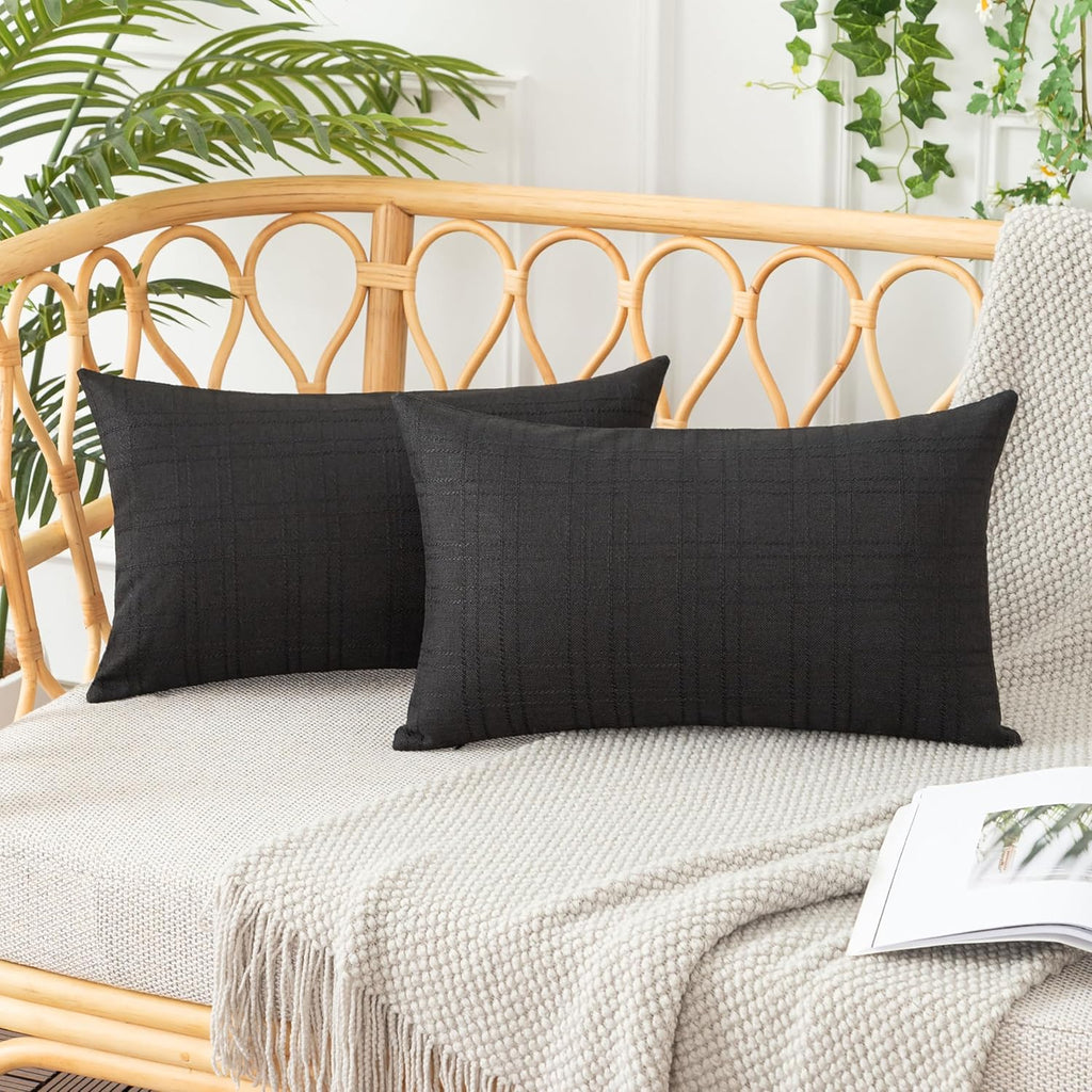 UGASA Outdoor Throw Pillow Covers - Waterproof Plaid Texture | Set of 2, 12x20 Inch, Black for Patio & Garden