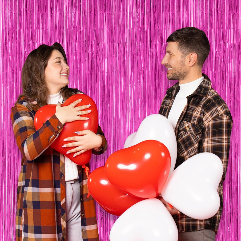 Skiennix Hot Pink Party Decorations - 3.28 FT x 7.05 FT Metallic Rose Red Backdrop & Tinsel Curtains