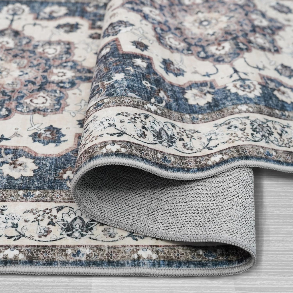 Regine Switzerland Washable 4x4 Square Area Rug - Soft, Non-Slip Carpet for Living Room & Bedroom | Stain Resistant, Blue