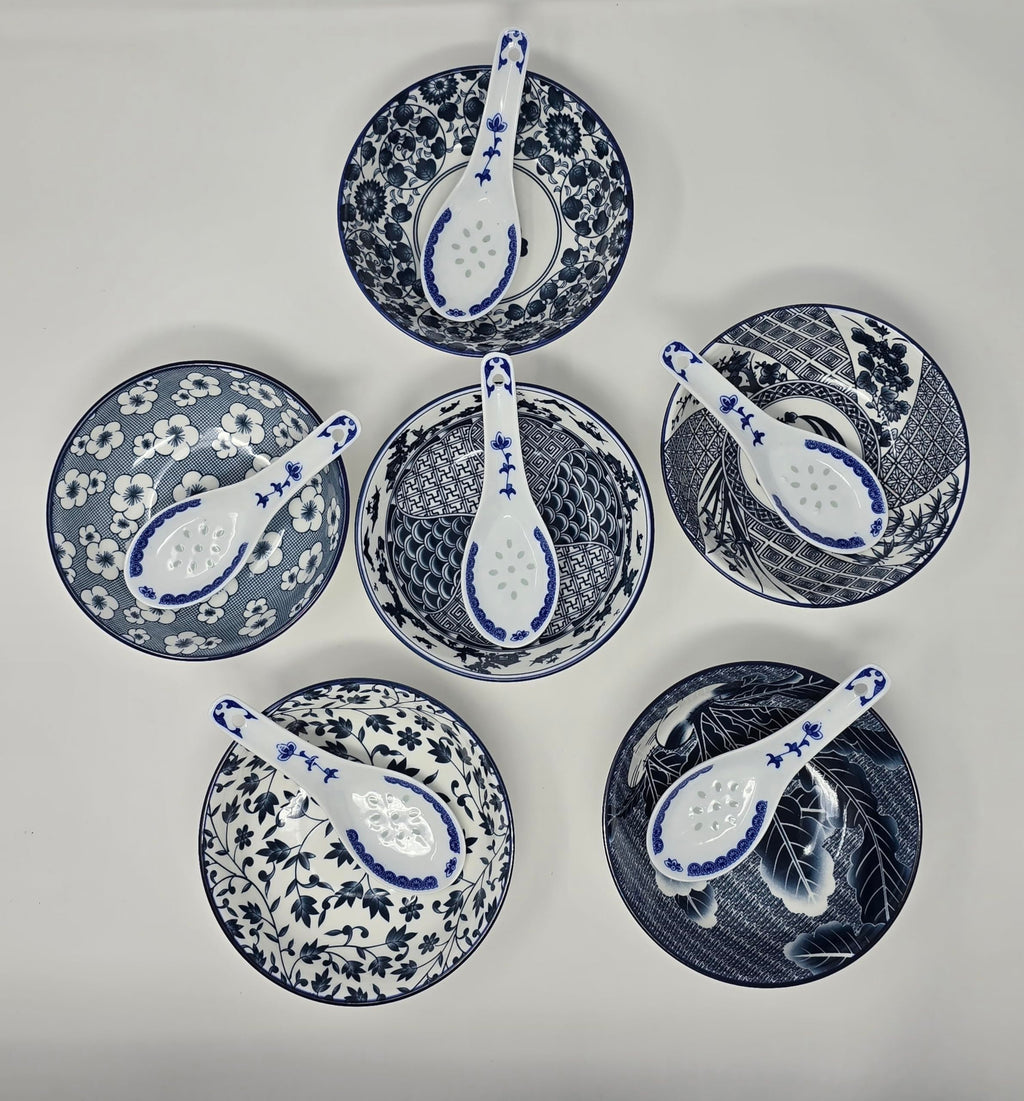 Porcelain Chinese Japanese Bowl Sets with Free 6 Porcelain Spoons, Set of 6