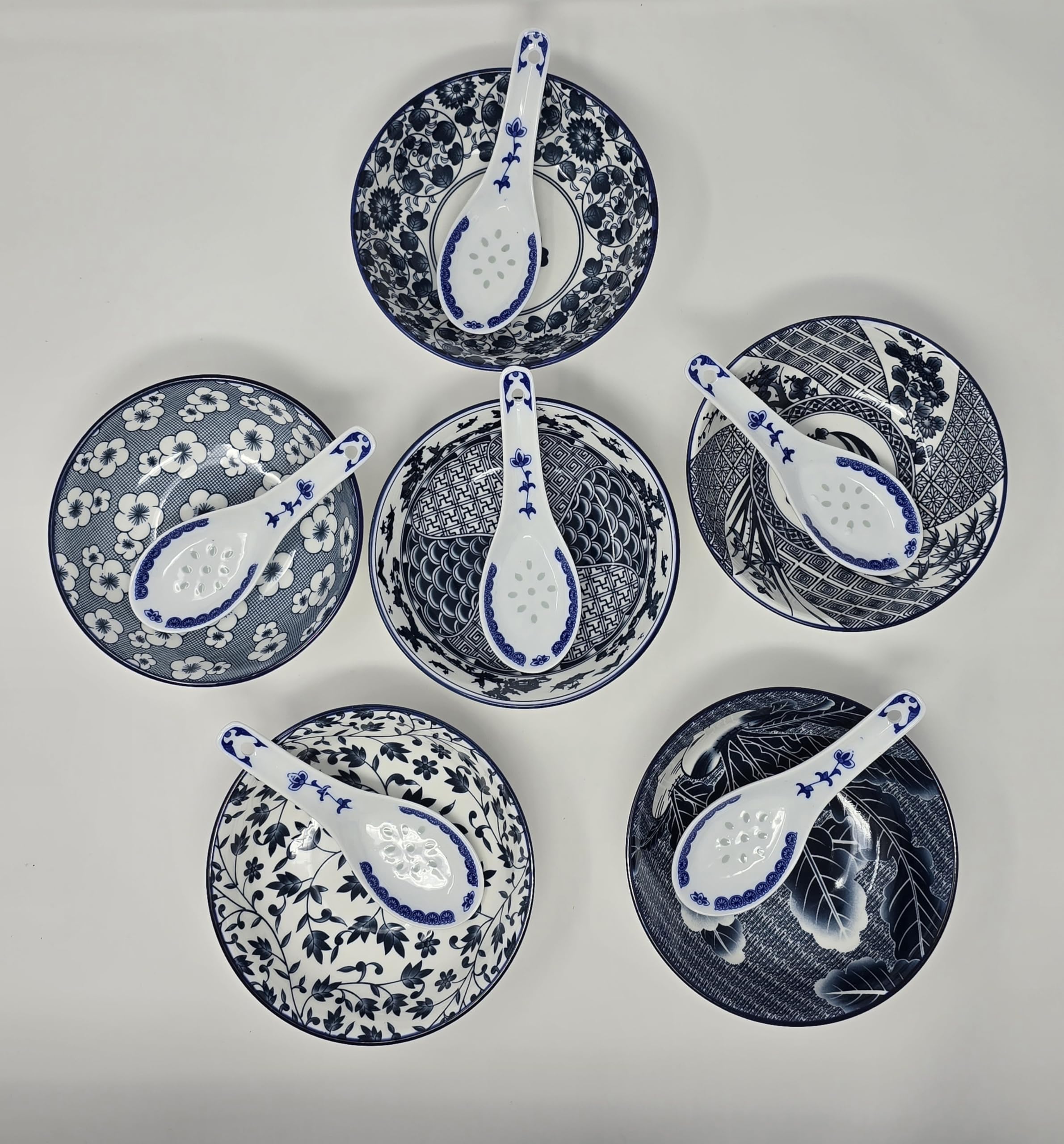 Porcelain Chinese Japanese Bowl Sets with Free 6 Porcelain Spoons, Set of 6