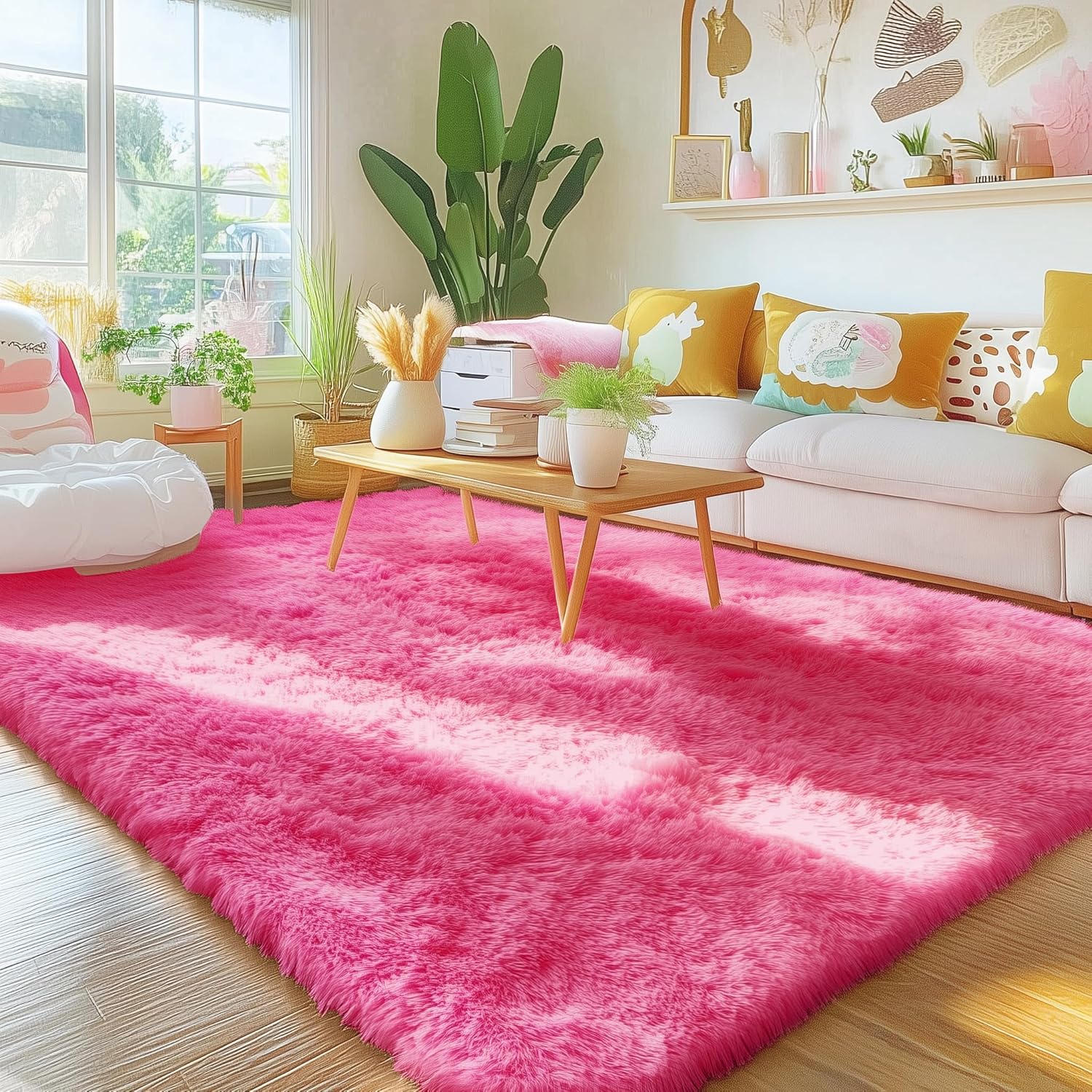 OLANLY Area Rugs - Soft Fluffy Shaggy Indoor Carpet for Living Room & Bedroom | 4x5.9 ft Hot Pink