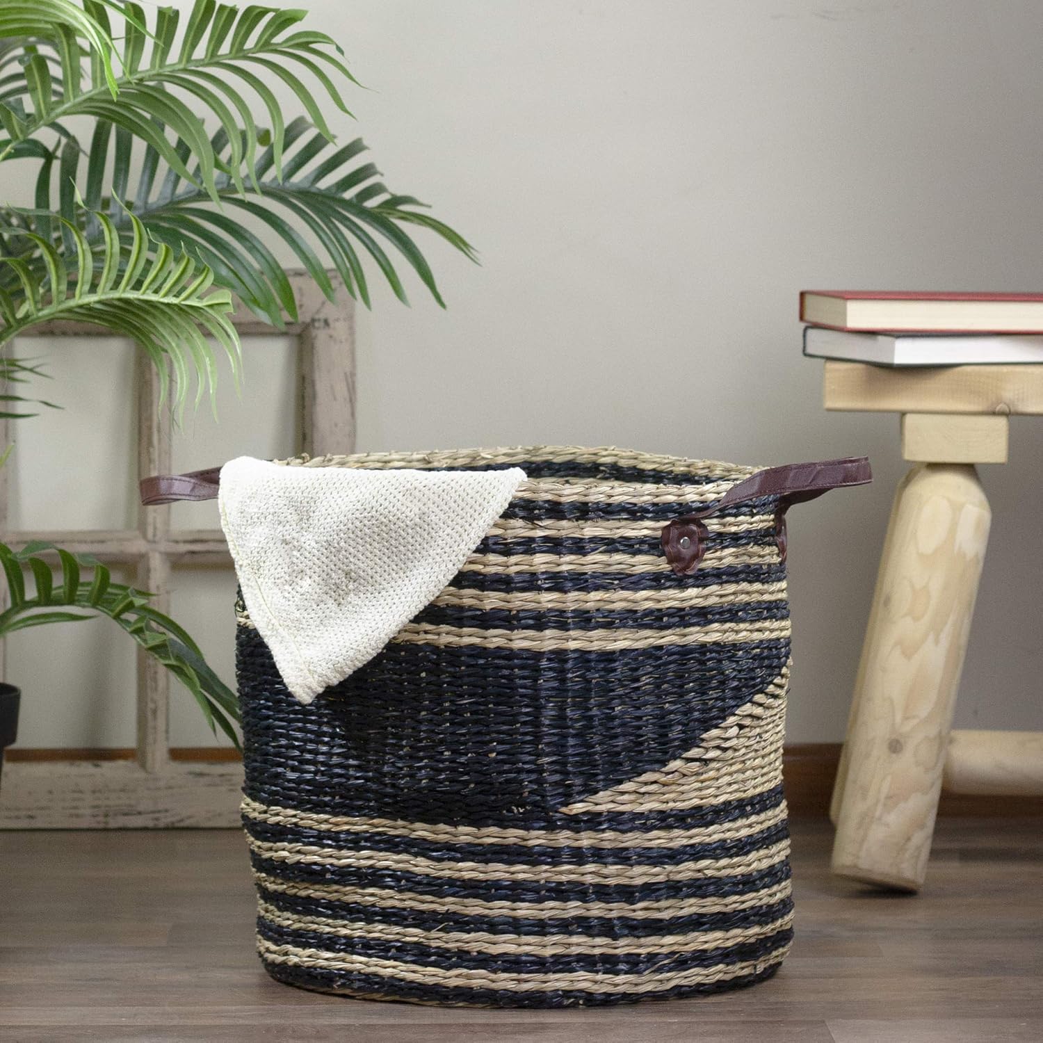 Skiennix 15" Beige & Black Woven Seagrass Basket - Stylish Storage Solution with Handles