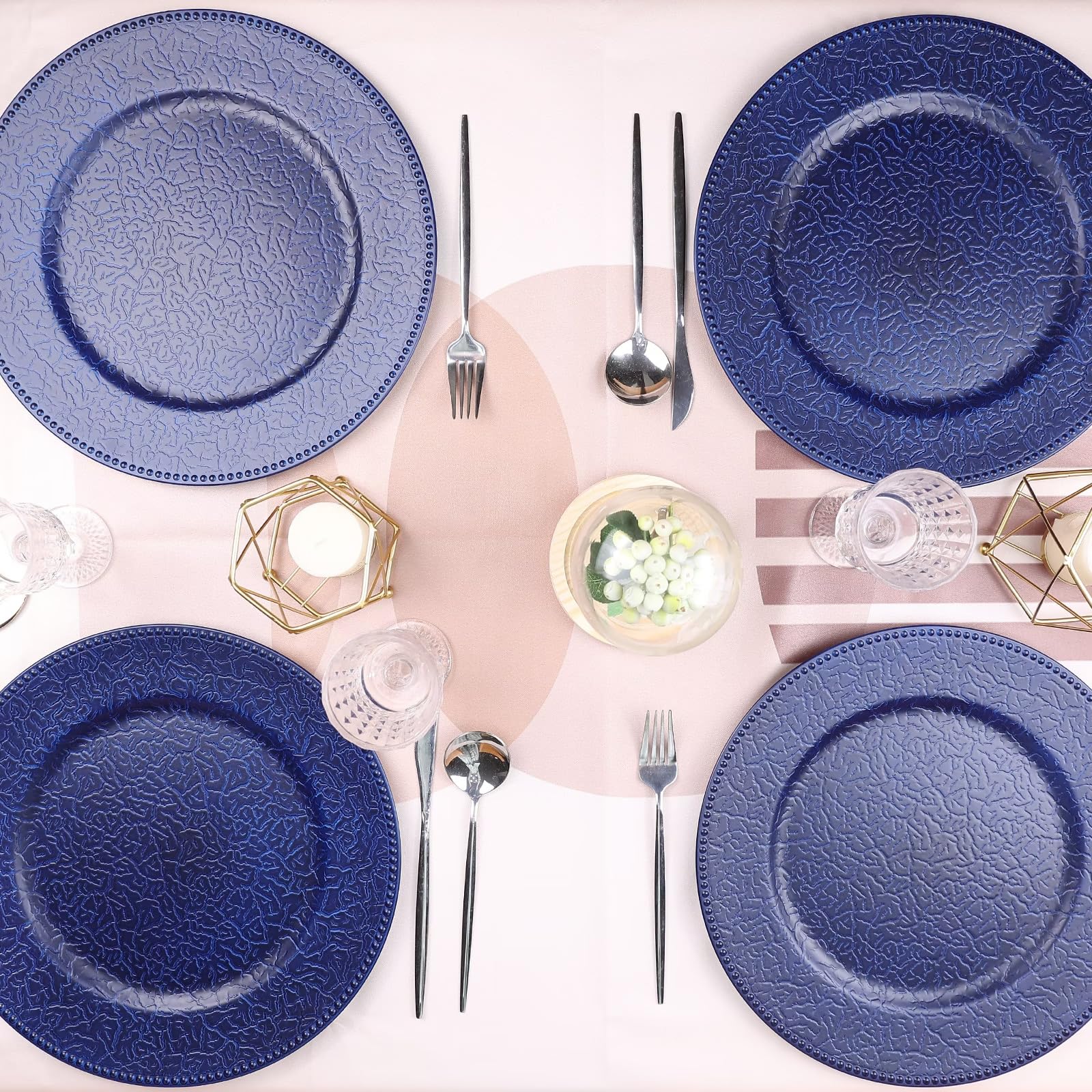 SforGUVA Navy Blue Chargers for Dinner Plates with Beaded Rims, Set of 12 Plastic Bulk Wedding Charger Plates for Thanksgiving, Christmas, Holiday Party Table Setting.