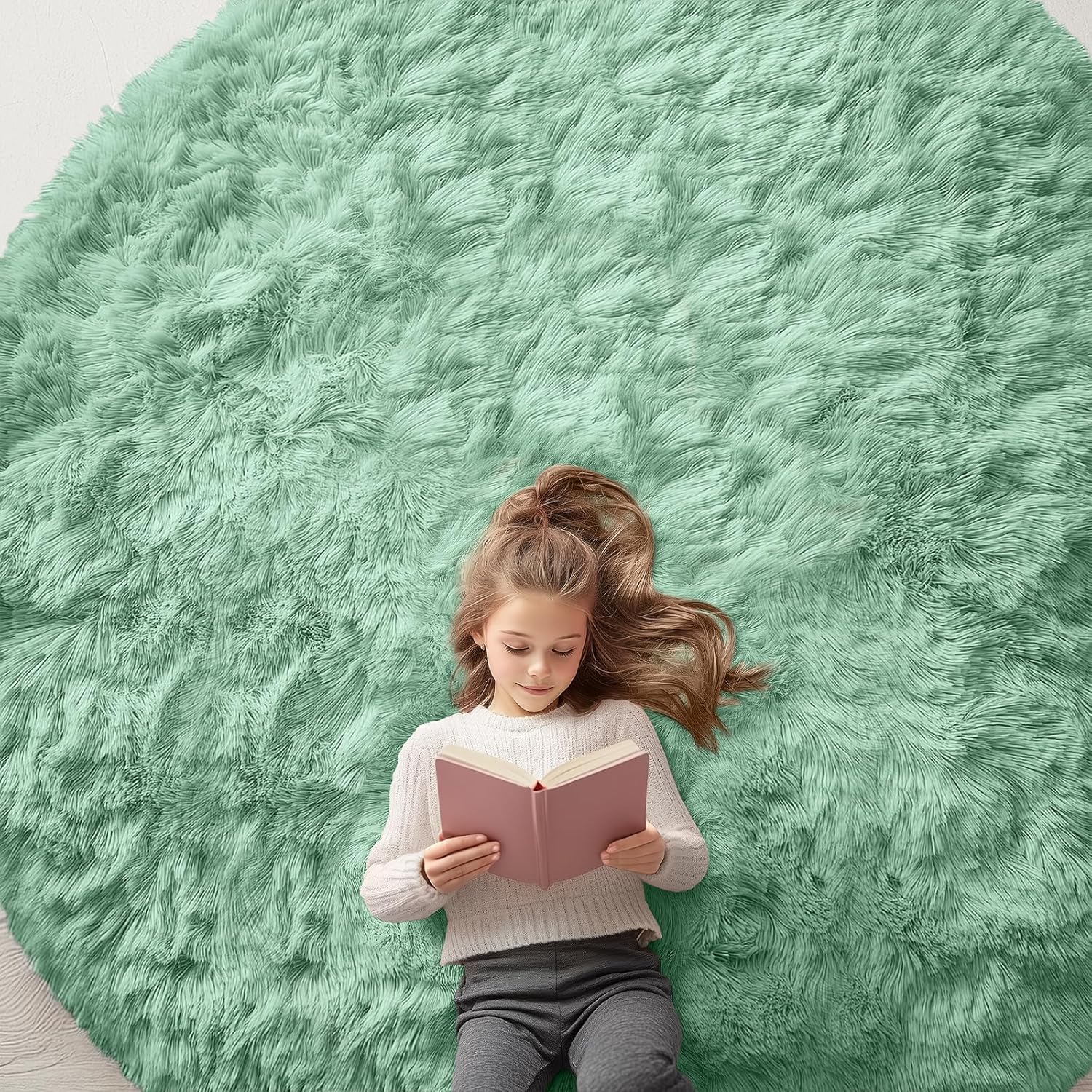 OLANLY Mint Green Round Rug - Soft, Fluffy Shaggy Carpet | 8 ft Machine Washable Area Rug for Bedroom & Living Room Decor