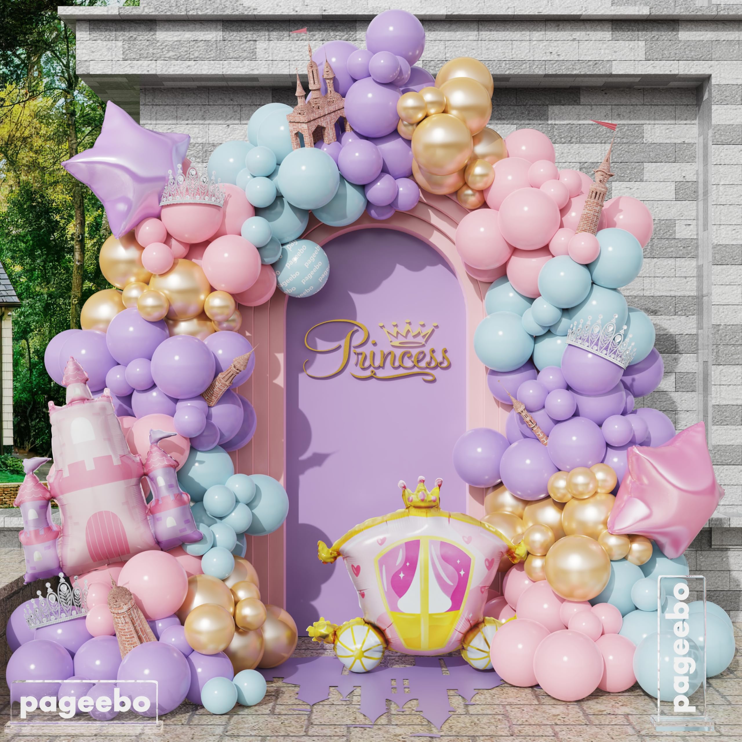 PageebO Princess Balloon Garland Arch, 154Pcs Pastel Blue Pink Purple Gold Balloons with Castle Carriage Star Foil Balloons for Girls Princess Rainbow Baby Shower Birthday Fairytales Party Decortion