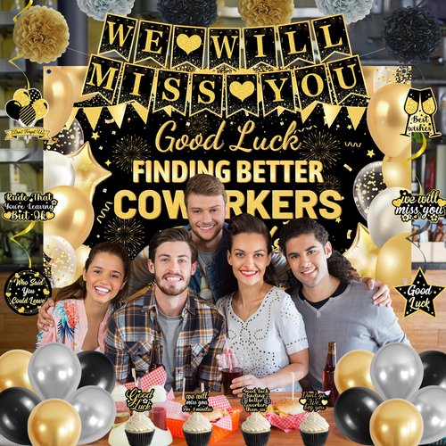 DARUNAXY Black Gold Coworker Farewell Decorations, Good Luck Finding Better Coworkers Than Us Banner We Will Miss You Decor Hanging Swirls Cake Topper for Going Away Goodbye Leaving Party Supplies