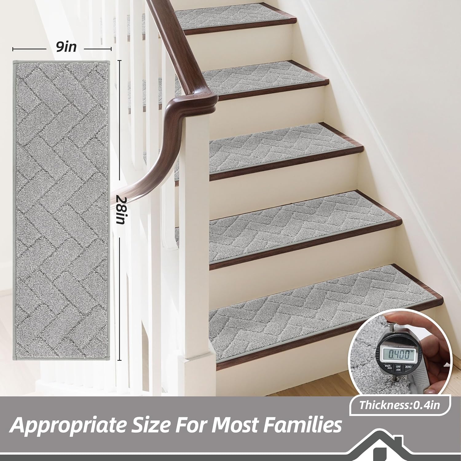 BEQHAUSE Non-Slip Carpet Stair Treads - Soft Indoor Stair Runners, 9" x 28", Grey, 15pcs