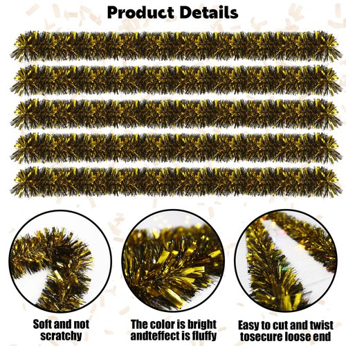 5Pcs Graduation Tinsel Garland,33 Feet Gold Black Metallic Twist Garland Glitter Grad Party Hanging Ornament for Home School Tree Wall Decoration DIY Wreath Craft (A)
