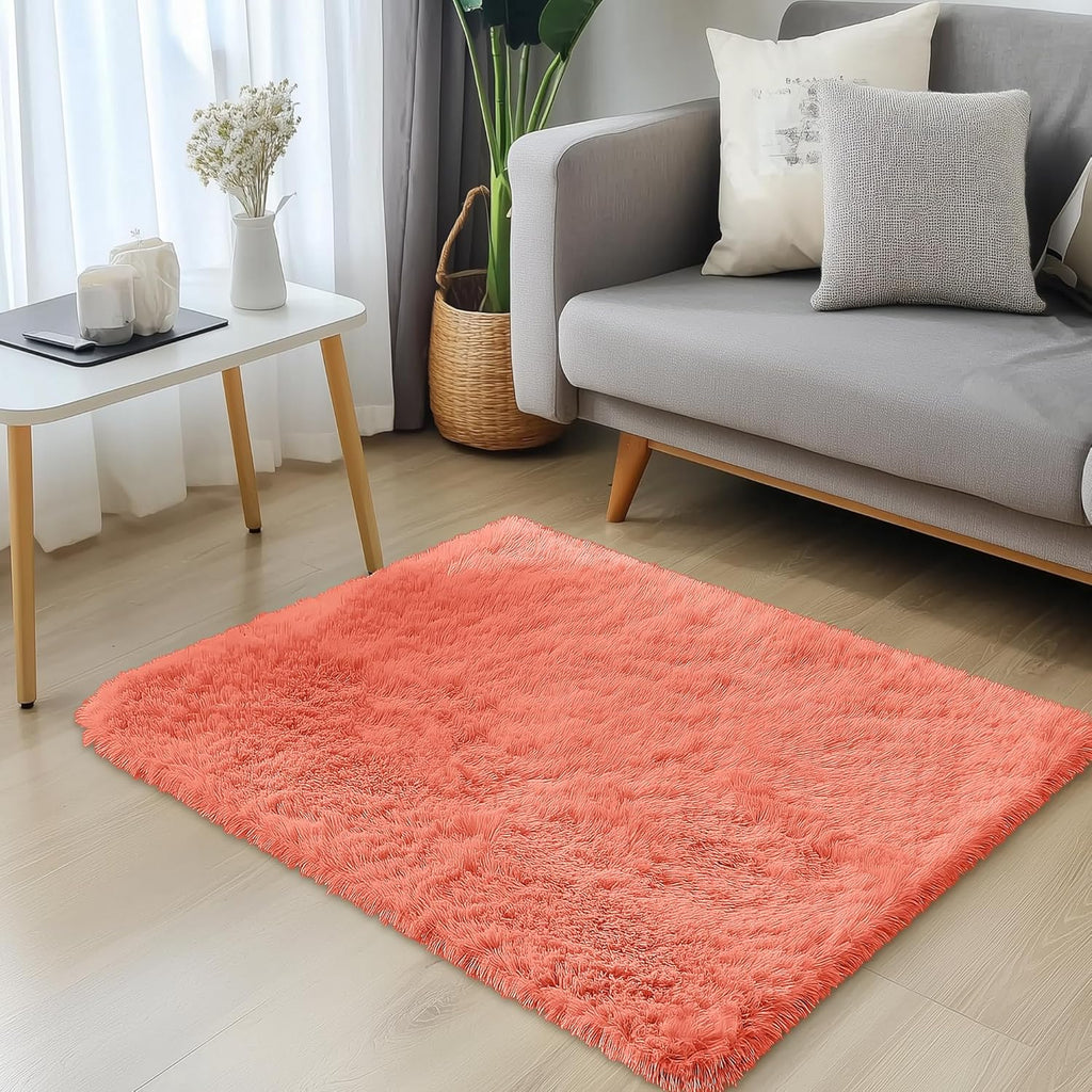 OLANLY Small Bedside Rug - Soft Fluffy Shaggy Indoor Carpet for Kids & Living Room | Coral Red 2x3