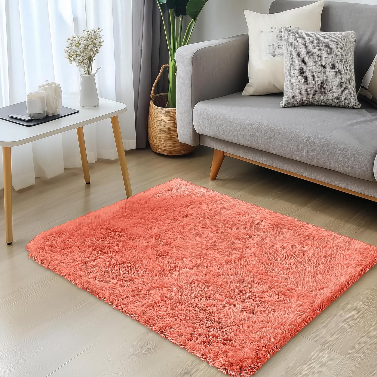 OLANLY Small Bedside Rug - Soft Fluffy Shaggy Indoor Carpet for Kids & Living Room | Coral Red 2x3