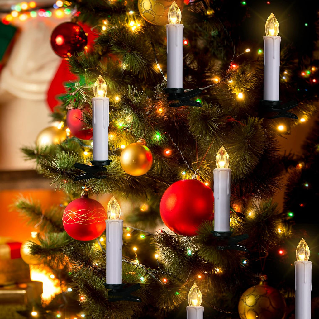 Skiennix Flameless LED Taper Candles - Battery Operated with Remote Timer | 30PCS White Flickering Mini Clip-On Lights for Christmas Trees & Home Decor