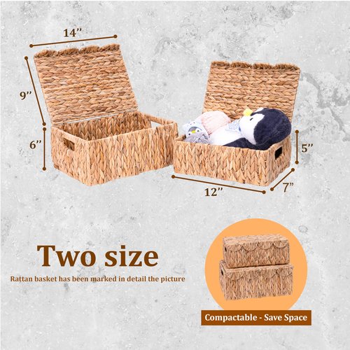 LUSYDECO Set of 2 Scalloped Edge Wicker Basket with Lids, Rectangle Wicker Storage Basket with Built-in Handles, Multipurpose Organizer Rattan Display Boxes for Shelf, Nursery Room