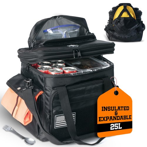 Days Pay Co. Hard Hat Pocket Lunch Bag – Insulated Cooler Tote with Hard Hat Pocket & Gear Storage – New Rugged Design for Construction & Trades – Stainless Steel Spork Included