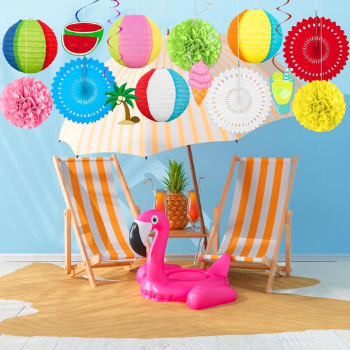Renbuzhu 14Pcs Beach Party Decorations Paper Lanterns Fans Pom Poms Hanging Swirls - Luau Pool Summer Hawaiian Tropical Themed Decor for Home Birthday Outdoor Indoor