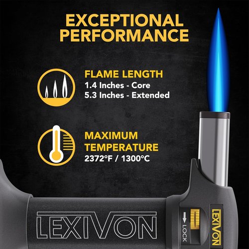 LEXIVON Butane Torch Lighter - Refillable Kitchen Cooking Torch with Safety Lock & Adjustable Flame | Pro-Grade Aluminum Tank (LX-775)