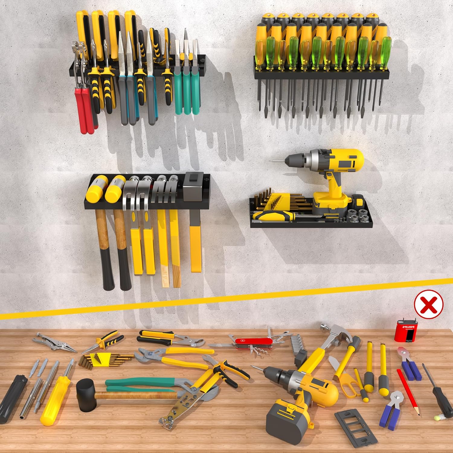 UNITEDPOWER Wall Mount Hand Tool Storage Set - Screwdriver Organizer & Pliers Holder | 4 Pack Metal Hardware Tray for Garage
