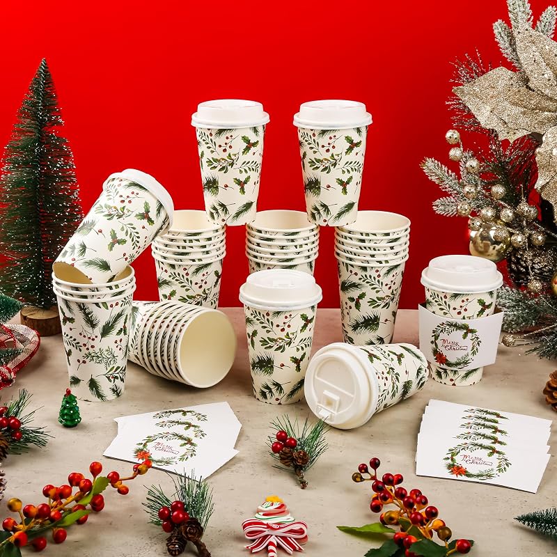 12oz Christmas Holly Berry Disposable Coffee Cups with Lids & Sleeves