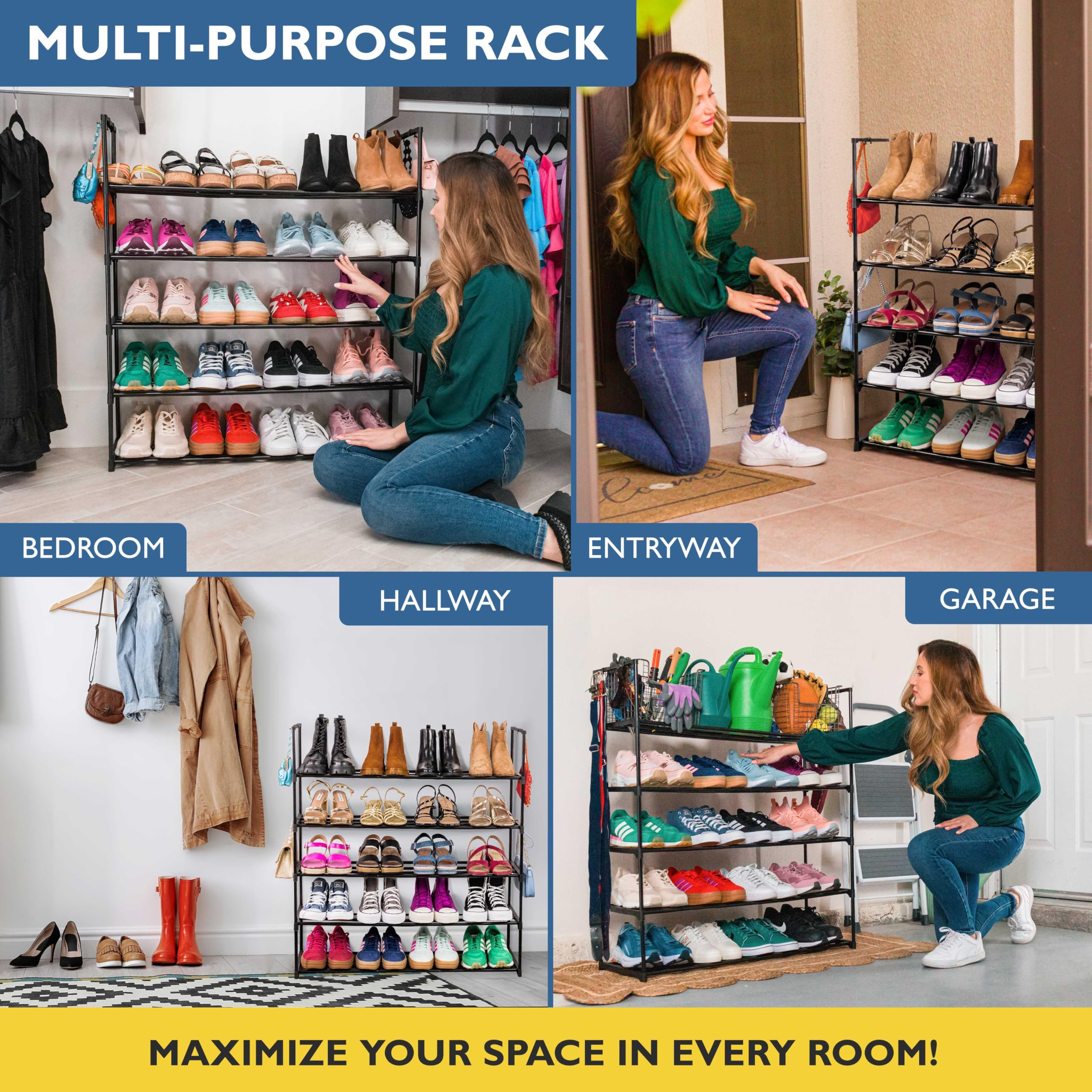 Sundaze Shoe Rack - 5 Tier Metal Shoe Rack for Front Door Entrance, Sturdy Long Shoe Organizer for Closet, Bedroom, Entryway, Garage, Black Metal Shoe Shelf, Holds Up to 25 Pairs