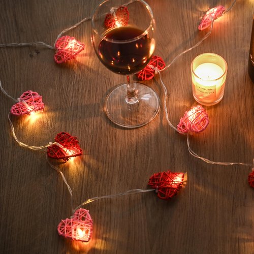 [Timer] Valentines Day Garland Lights Red Pink Heart Light 10FT 20LED 3D Hollowed Rattan Heart String Light Battery Operated, Valentines Day Lights Romantic Valentine Decoration Bedroom Party
