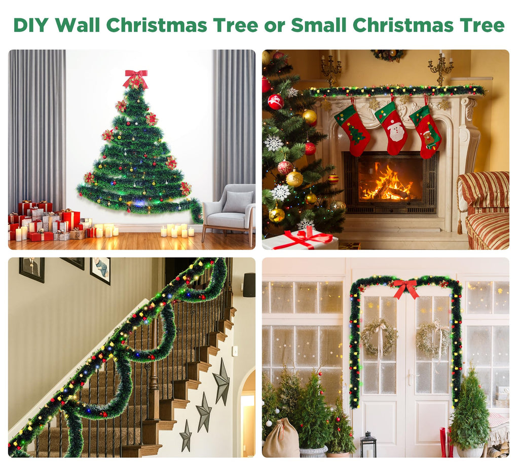 PWSOMJ 32 Feet Christmas Garland with Lights, DIY Christmas Tree Wall Corner Decor Tinsel Garland with Butterfly, Flower and Balls, Battery Operated (Battery Not Included) for DIY Decoration